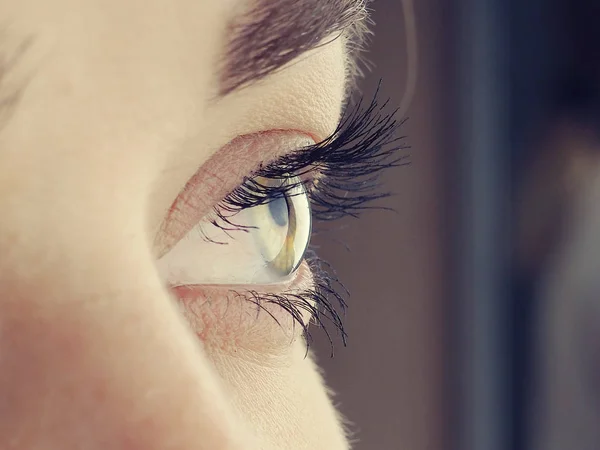 Beau oeil féminin de près, regarde loin, concept de correction de la vision, beauté naturelle avec rides, bannière pour le lettrage — Photo