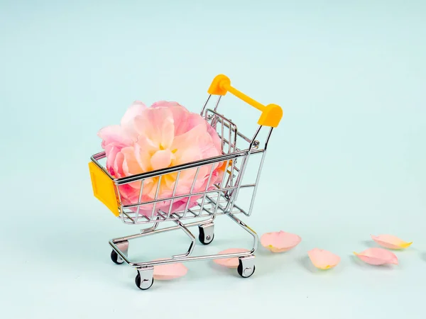 Nákupní vozík s květinami na růžové punchy pastelové pozadí. Nápis s kopírovacím prostorem. Pohled shora, plochý. Tvůrčí uspořádání. Slavnostní nakupování a prodej. Dárky pro ni — Stock fotografie