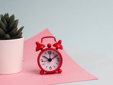 Çok Renkli Arkaplanda Alarm Saati, Not Defteri, Kalem ve Saksı Bitkisi