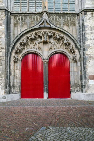 Kathedraal gevel rode enterance in Leiden, Nederland — Stockfoto