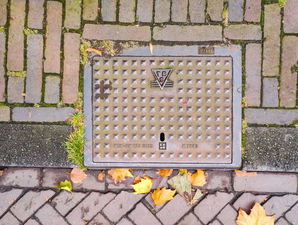 Tapa de alcantarilla en pavimento con motivos, Amsterdam — Foto de Stock
