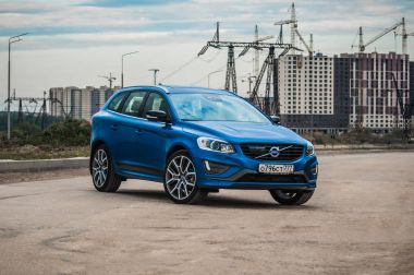 Moskova, Rusya - 20 Mayıs 2017 Volvo Xc60 Polestar, ön görünümü. Yeni Volvo Xc60 Polestar testi. Bu arabada Awd kompakt crossover Suv. T6 motor.