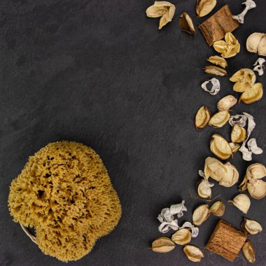 Koyu dokulu arka planda doğal sarı sünger ve kurutulmuş aroma çiçekleri. Siyah arkaplandaki Aromatik Çiçek Parfümü.