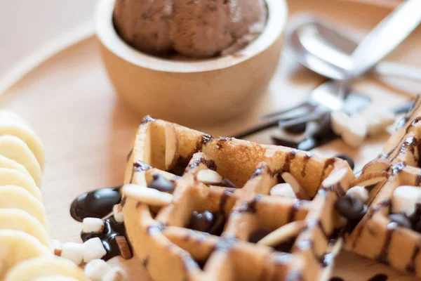 Delicious sweet dessert : homemade waffle with chocolate sauce , — Stock Photo, Image