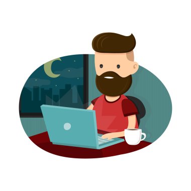 Young men hipster character sitting at a laptop and working overtime late night. Freelance work. Flat vector illustration. Isolated on white background clipart