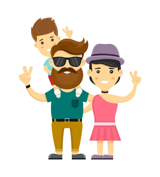 Jonge hipster gelukkige familie. Platte ontwerp vector illustratie karakter. Geïsoleerd op een witte achtergrond. Moeder, vader, zoontje — Stockvector