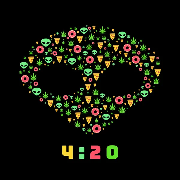 Dope viagem padrão vetorial plana com folhas de maconha, rosquinhas, fatias de pizza e alienígenas. Isolado em fundo preto. T-shirt design — Vetor de Stock