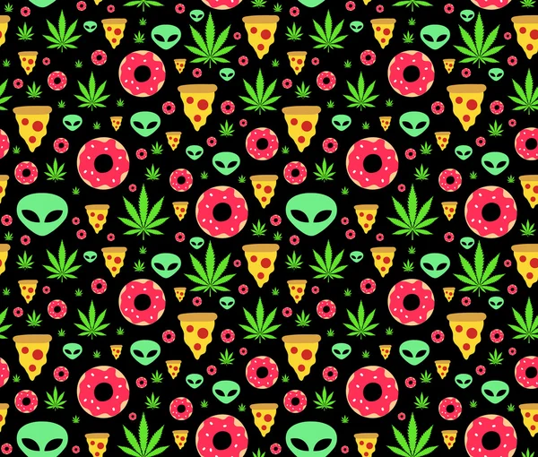 Patrón sin costura de vectores planos de viaje de la droga con hojas de marihuana, rosquillas, rebanadas de pizza y extraterrestres. Aislado sobre fondo negro — Vector de stock