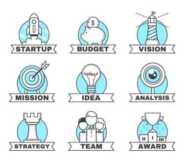 Başlangıç için çağdaş düz çizgi tasarım çizimler kümesi. 9 renk iş kavramı simgeler. Beyaz arka plan üzerinde izole