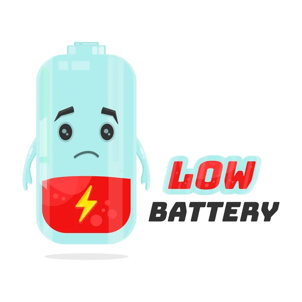 Design mit niedrigem Batteriecharakter. Vektor flache Cartoon-Illustration. Energiekonzept. isoliert auf weißem Hintergrund — Stockvektor