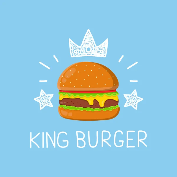 Ο βασιλιάς burger έννοια διάνυσμα καρτούν επίπεδη και doodle εικονογράφηση. Εικονίδιο στέμμα και αστέρια — Διανυσματικό Αρχείο