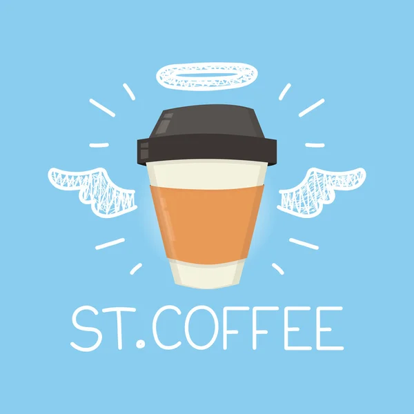 Concepto de café "St. Café" con halo de ángel y alas. Vector plano y garabato ilustración de dibujos animados aislados — Vector de stock