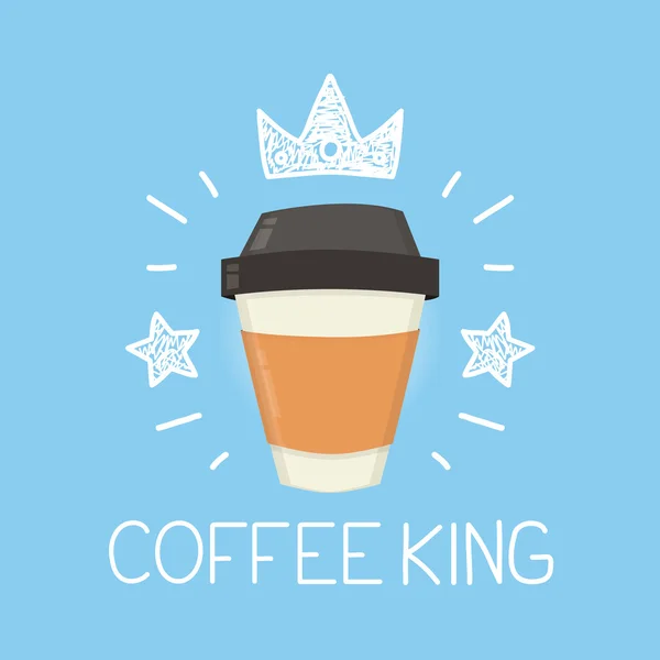Café rey vector de dibujos animados plana y garabato ilustración. Icono corona y estrellas. Diseño de concepto de cafetería calle — Vector de stock