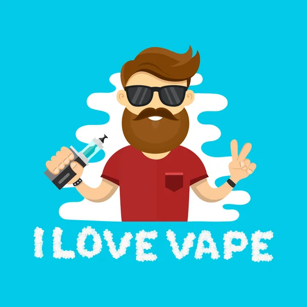 Genç hipster adamla vape. Düz vektör çizim. Vaping Dükkanı kavramı. Bulut harfler