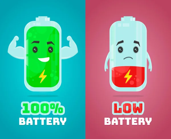 Lage batterij en volle kracht batterij vectorillustratie platte cartoon karakter. Gratis energieconcept — Stockvector
