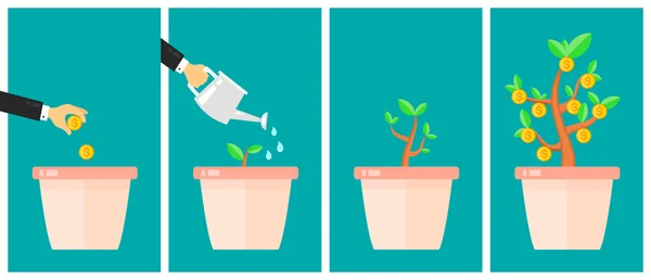 İş stratejik varlık ayırma kavramı. Para ağacı düz tasarım karikatür vektör çizim. Fikir işe başlamak. Finansal büyüme süreci zaman çizelgesi