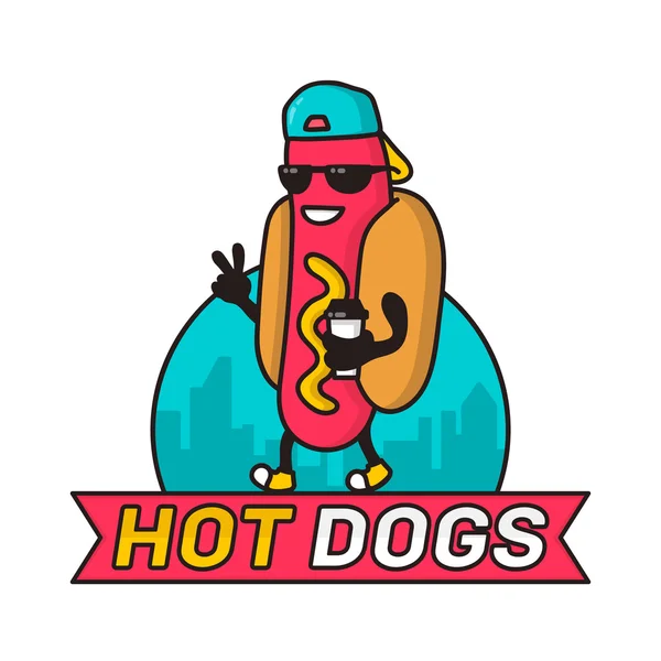 Cool chico hot dog en la ciudad con papel de café taza carácter línea colorida ilustración vectorial. diseño de plantilla de logotipo, insignia para comida rápida, comida callejera, restaurante de perros calientes. Aislado sobre fondo blanco — Archivo Imágenes Vectoriales