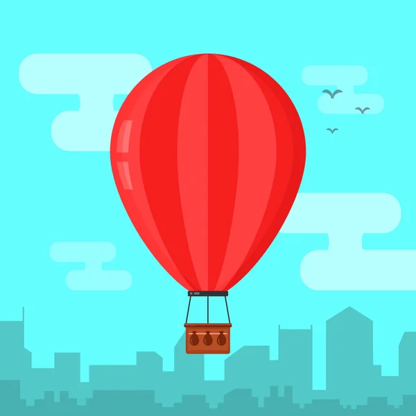 Hete lucht ballon in de hemel en de stad landschap. Platte ontwerp vectorillustratie — Stockvector