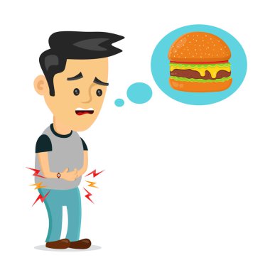 Young suffering man is hungry thinks about food clipart