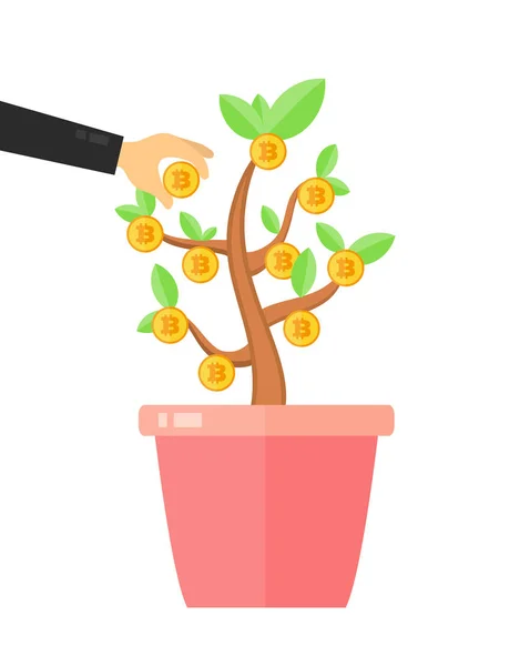 Empresario tomar un bitcoin de árbol de dinero — Vector de stock