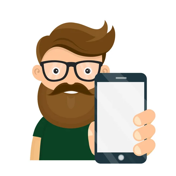 Pemuda hipster memegang smartphone - Stok Vektor