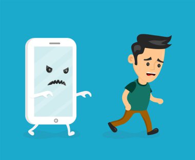 Kızgın korkunç smartphone çalıştırmak için genç adam.