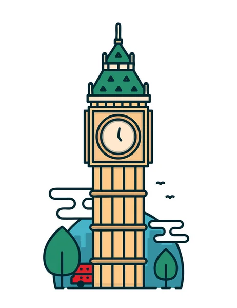 Big Ben tower in Londen, de bomen, de rode bus. — Stockvector