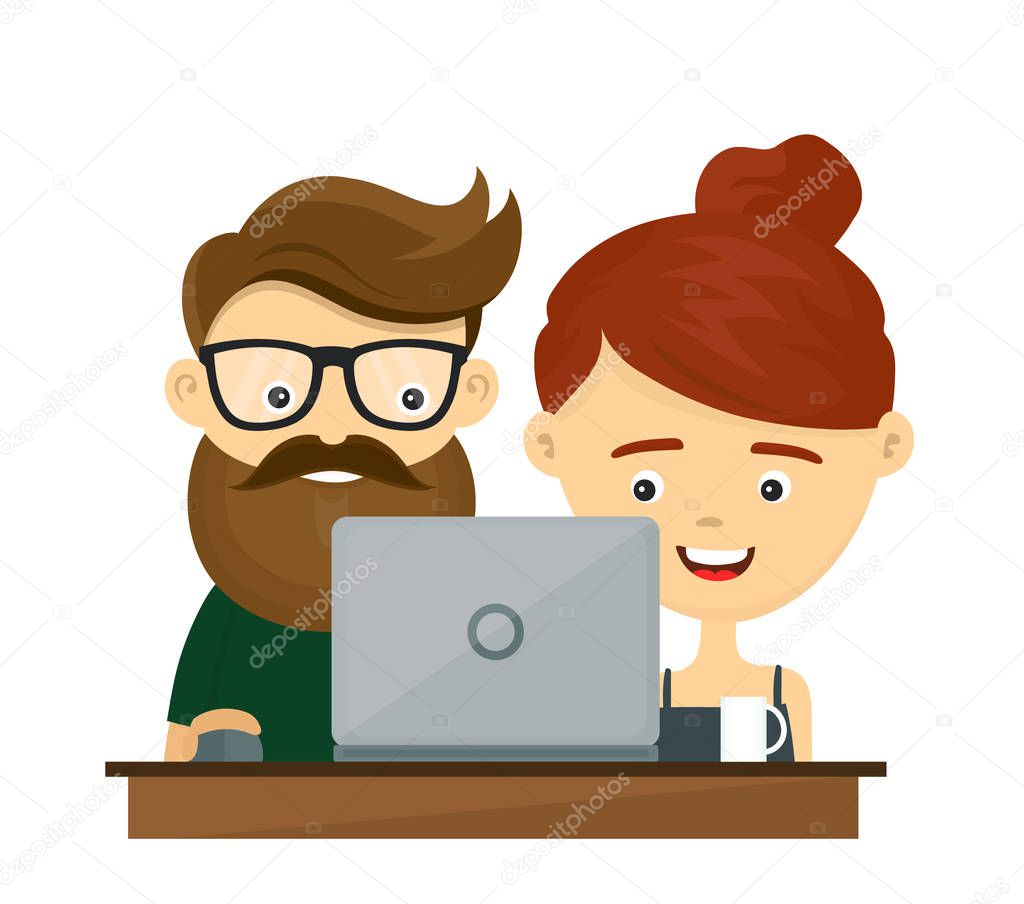Young hipster couple man and woman sitting 