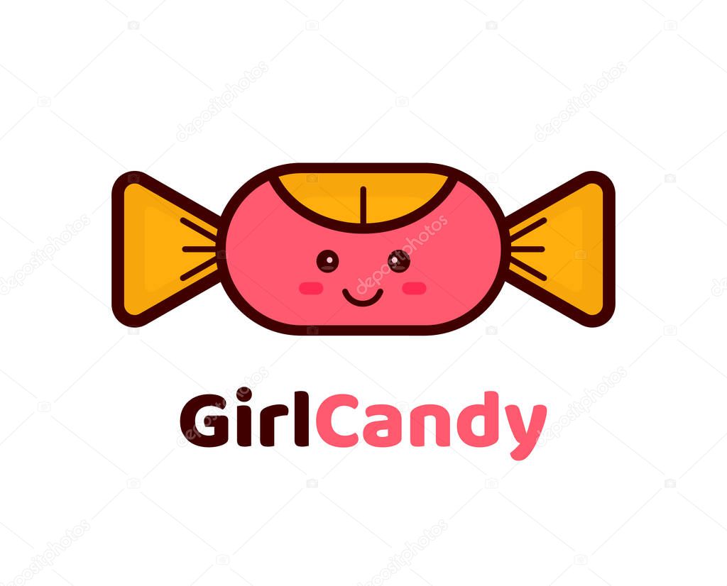 Girl candy logo design creative concept. Vector modern line outline flat style cartoon character illustration icon. Isolated on white background