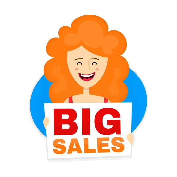 Gelukkig leuke glimlachende rode vrouw met grote verkoop — Stockvector