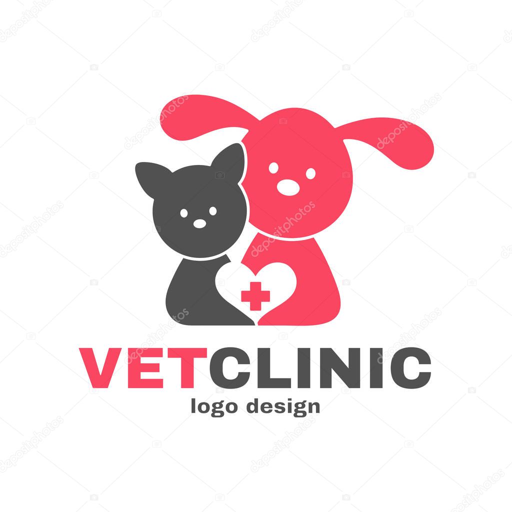 Vetclinic logo design templete. Vet clinic, veterinarian, veterinary concept. Vector flat modern style illustration cartoon icon. Dog, cat, heart. Isolated on white background