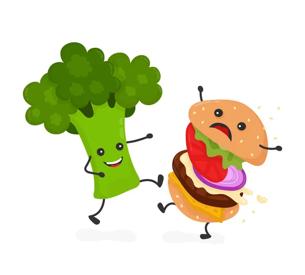 Mutlu gülümseme güçlü brokoli tekme burger — Stok Vektör