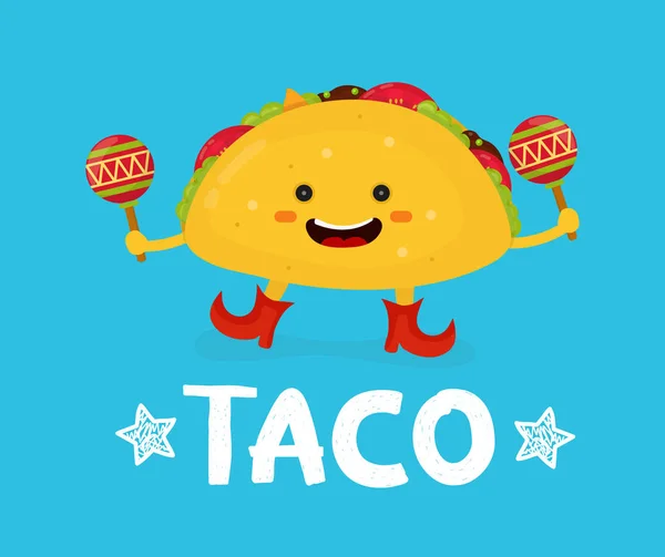 Gustos drăguț fericit zâmbitor taco dans cu maracas — Vector de stoc