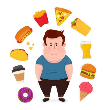 Genç adam tarafından sağlıksız çevrili iç karartıcı şişman 