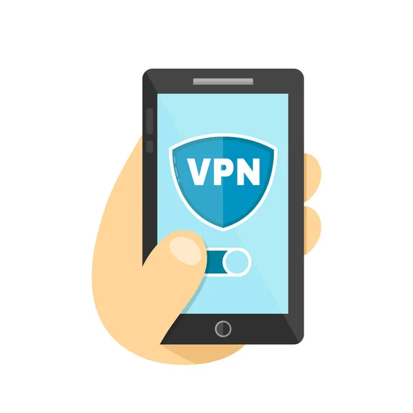 Mão mantenha o smartphone com aplicativo VPN . — Vetor de Stock