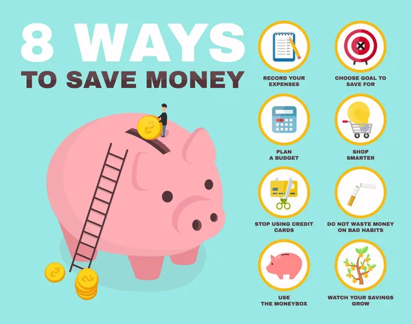 8 manera de ahorrar dinero infografía. cerdo — Archivo Imágenes Vectoriales