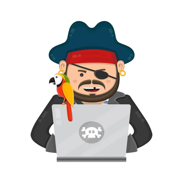 ラップトップ コンピューターとオウムのインターネット海賊 — ストックベクタ