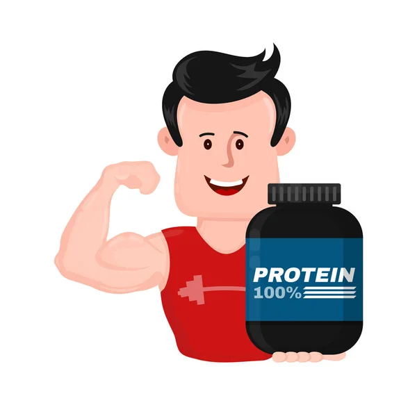 Muscular strong fitness man with bank of protein — Stok Vektör