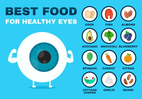 Il miglior cibo per un occhio sano. Forte bulbo oculare — Vettoriale Stock