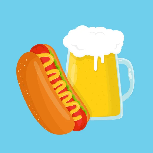 Cachorro-quente e copo de cerveja. desenho animado plano vetorial — Vetor de Stock