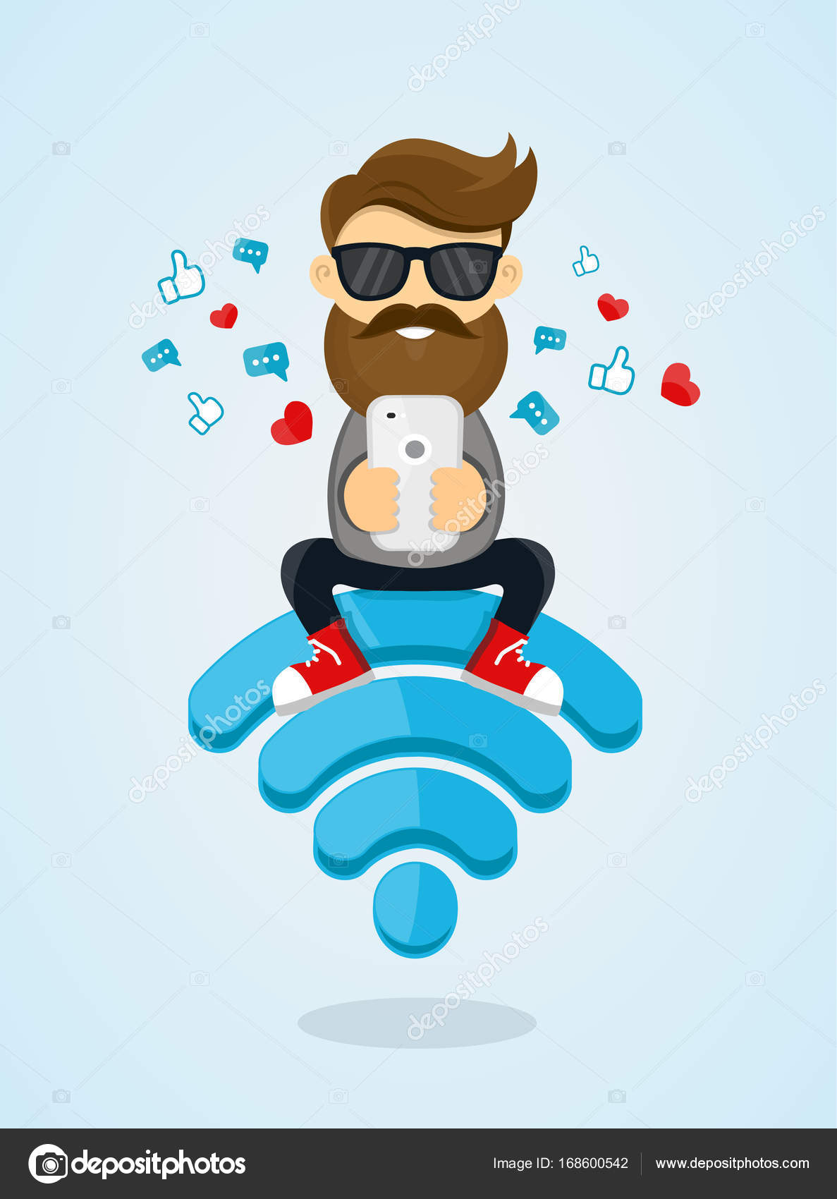 Персонаж Молодых Людей, Сидящих На Wi-Fi Векторное Изображение.