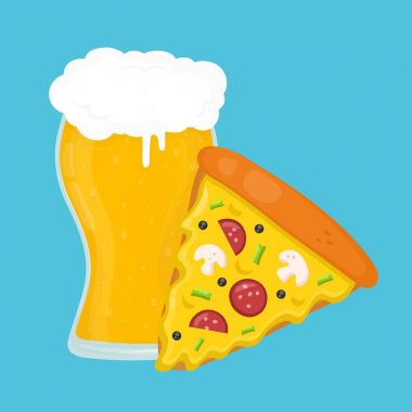 Bira ve pizza. Vektör düz çizgi film 