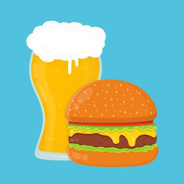 Bira ve burger. Vektör düz çizgi film 