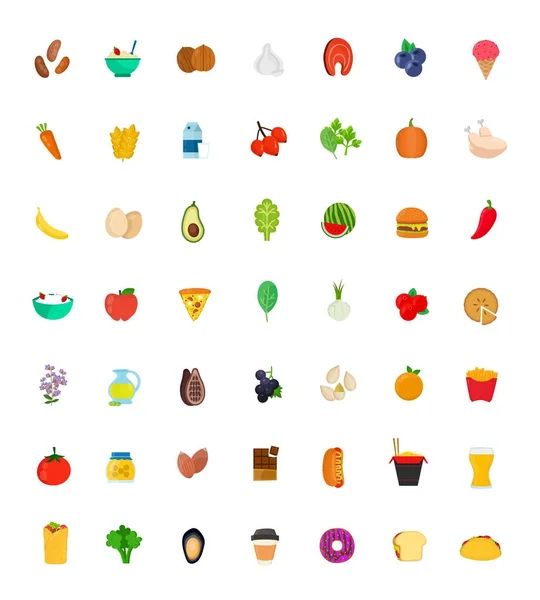 49 conjunto de iconos de alimentos y bebidas. Vector plano — Archivo Imágenes Vectoriales