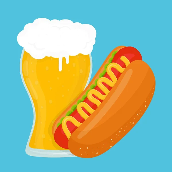 Birra e hot dog. Vettoriale piatto cartone animato — Vettoriale Stock