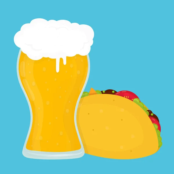Birra e taco. Vettoriale piatto cartone animato — Vettoriale Stock