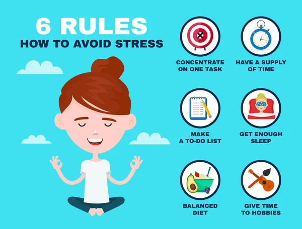 6 rules to avoid stress infographic. Young — Stock Vector