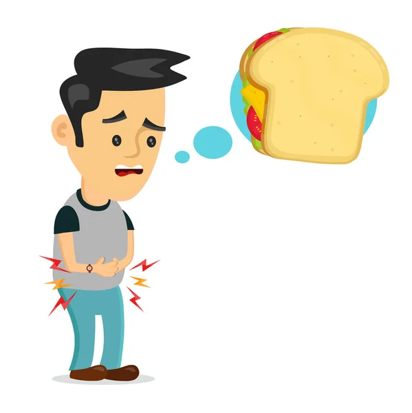 Joven hombre triste que sufre tiene hambre. piensa — Vector de stock