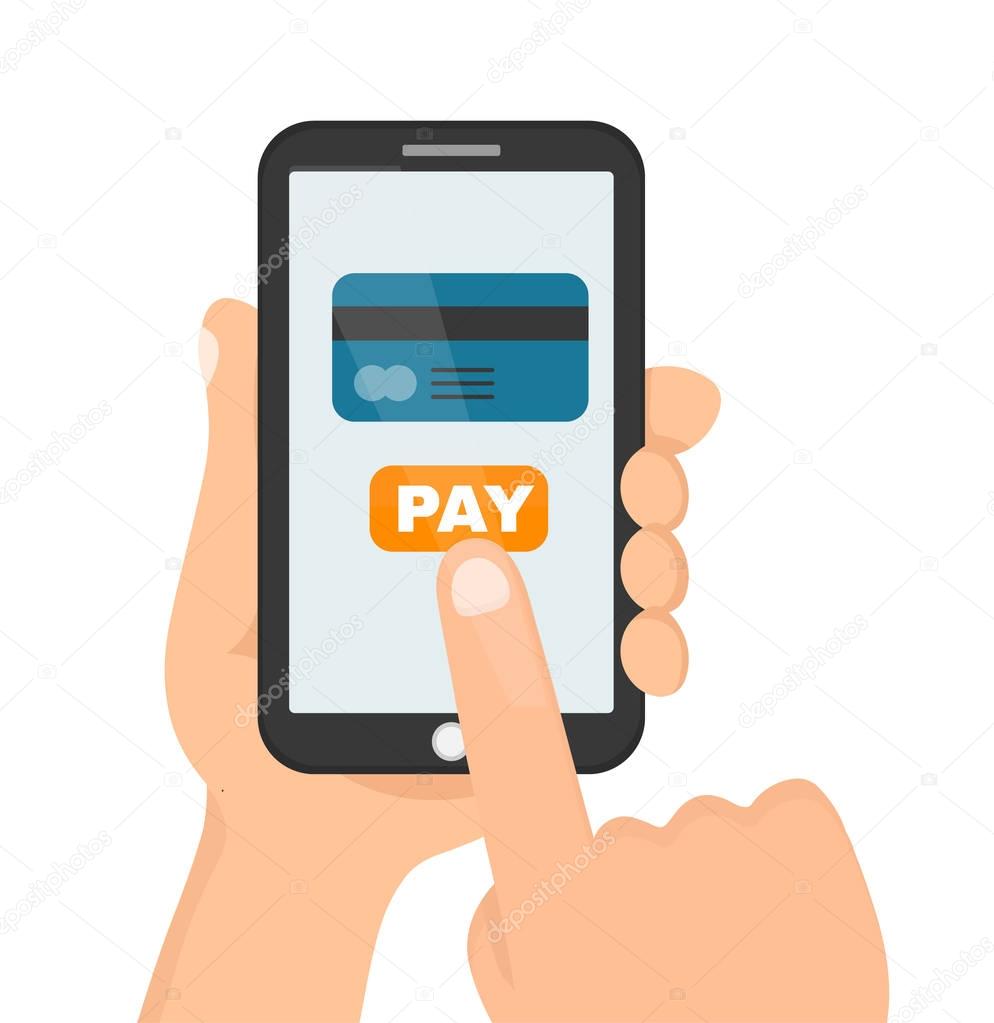 Man holding phone smartphone in hand for online shopping web site.Mockup template. Vector flat cartoon character illustration icon design.Isolated on white background. Card online shop payment concept