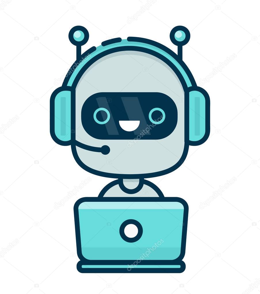 Cute smiling chat bot working in headphones with mic behind laptop. Vector flat modern line style cartoon character illustration icon design. Isolated on white background. Chat bot robot concept